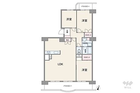 間取りは専有面積84.67平米の3LDK。バルコニー面積は12.4平米です。北側にバルコニーがある、2面バルコニーの住戸です。