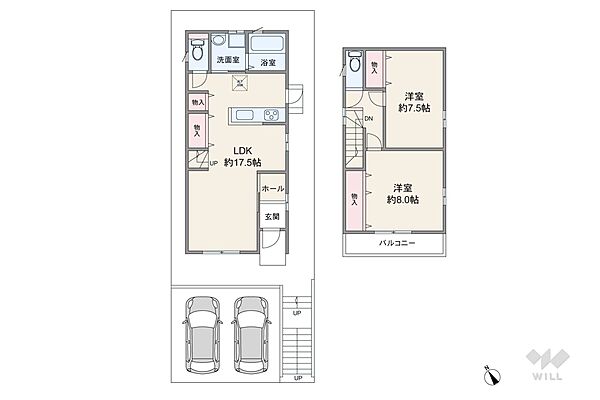 間取りは延床面積81.56平米の2LDK。リビング階段のプラン。