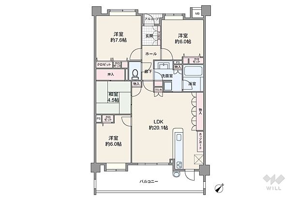 専有面積90平米の4LDK。約20.1帖の広々LDKが魅力的なプラン。キッチン周辺に収納スペースが充実しています。個室4部屋中2部屋はLDKから出入りする造り。バルコニー面積は15.88平米です。