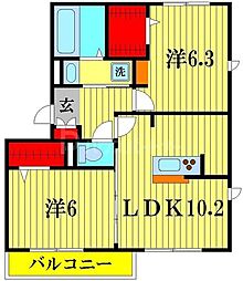 シエルドール 2階2LDKの間取り