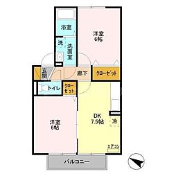 フラワーハイツ菅谷　C棟 2階2DKの間取り