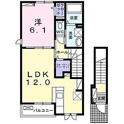 ヤングウッズ柏の葉I 2階1LDKの間取り