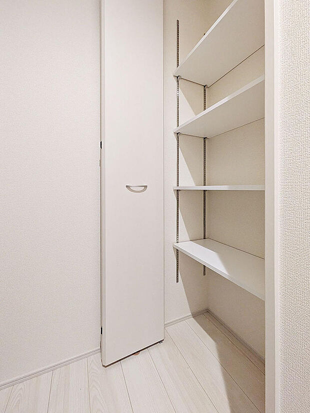 ２階へ向かう通路にも収納を設置。