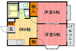 エルディム古谷 2階2DKの間取り