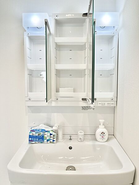 三面鏡の裏に、化粧品や衛生用品などを収納可能。洗面台をすっきりと保ちます！