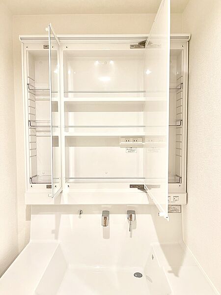 三面鏡の裏に、化粧品や衛生用品などを収納可能。洗面台をすっきりと保ちます！
