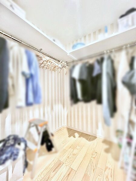 衣類をハンガーに掛けたまま収納できるWIC。衣類の整理整頓がしやすくて便利です！
