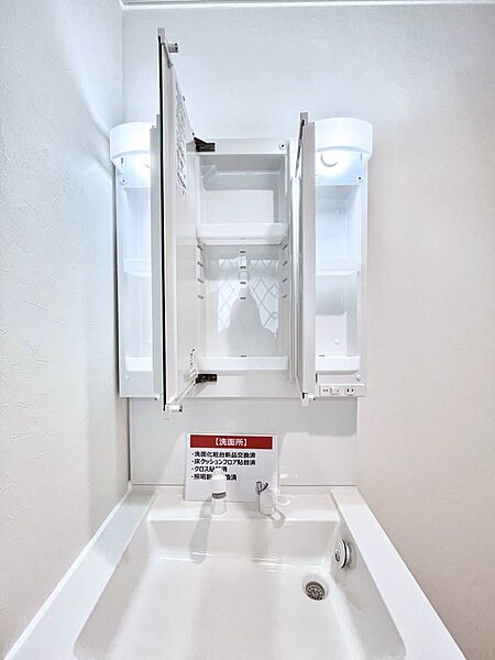 三面鏡の裏に、化粧品や衛生用品などを収納可能。洗面台をすっきりと保ちます！