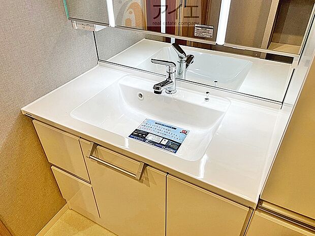 三面鏡にハンドシャワー付き、使いやすい洗面台