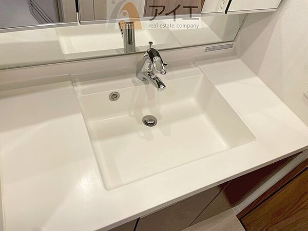 三面鏡にハンドシャワー付き、使いやすい洗面台