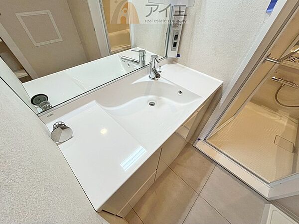 三面鏡にハンドシャワー付き、使いやすい洗面台