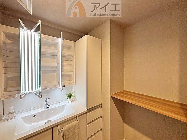 たっぷりの収納を設けた3面鏡付洗面台で快適な暮らし
