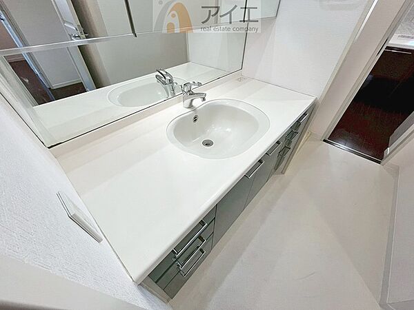 三面鏡にハンドシャワー付き、使いやすい洗面台