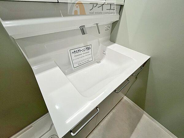三面鏡にハンドシャワー付き、使いやすい洗面台