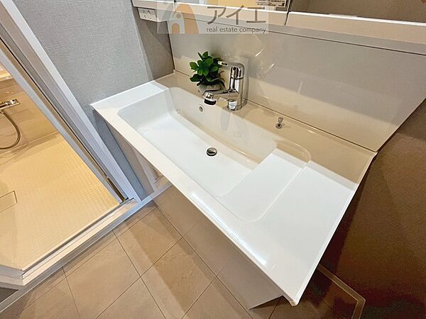 三面鏡にハンドシャワー付き、使いやすい洗面台