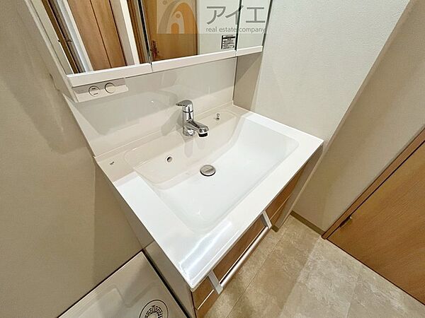 三面鏡にハンドシャワー付き、使いやすい洗面台