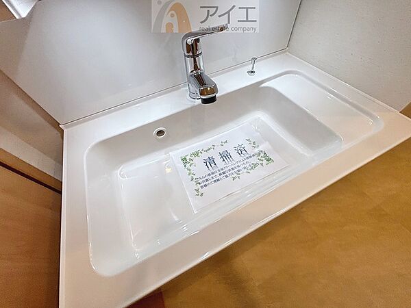 三面鏡にハンドシャワー付き、使いやすい洗面台