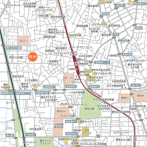 【現地ご案内図】原田小学校徒歩4分・第一中学校徒歩7分！と教育施設が徒歩圏内でお子様の通学も安心の距離です。