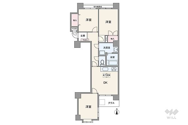 間取りは専有面積61.15平米の3DK。専用庭付き、DK約11.0帖のプラン。テラス面積は2.43平米です。