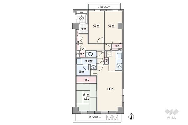 間取りは専有面積73.8平米の3LDK。LDK約14.0帖のプラン。複数方向に採光部があり、バルコニー面積は10.41平米です。