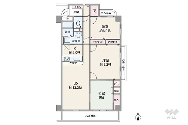 82.3平米・3LDK。三面開口で全居室バルコニー有。中央洋室は2室に分けられます（工事費用別途）。各居室に収納スペース付き。キッチン〜洗面室の家事動線が良好な回遊間取。