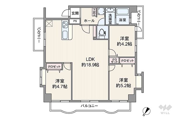 LDKと個室2部屋がメインバルコニーに面しているワイドスパンのプラン。個室は3部屋ともLDKから出入りする造りです。浴室の窓は換気がしやすく快適。洗濯機置場は洗面室（脱衣所）と分けて配置されています。