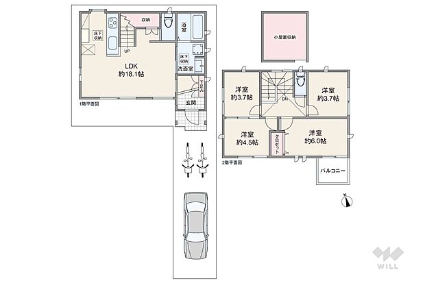 大容量の小屋裏収納が付いたプラン。リビング階段で2階の個室へはLDKを通ってアクセスする、家族が顔を合わせやすい造りです。洋室約3.7帖と洋室約4.5帖は続き間です。