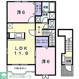 JR中央線 立川駅 バス38分 新道下車 徒歩8分の賃貸アパート 2階2LDKの間取り