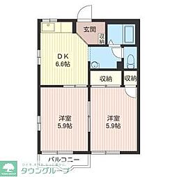 西武多摩湖線 武蔵大和駅 徒歩9分の賃貸アパート 2階2DKの間取り
