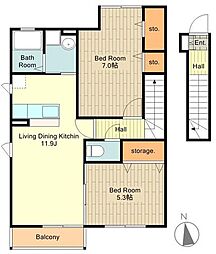 JR青梅線 昭島駅 徒歩21分の賃貸アパート 2階2LDKの間取り