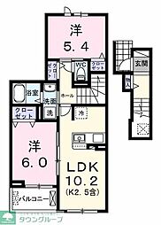 西武拝島線 拝島駅 徒歩5分の賃貸アパート 2階2LDKの間取り