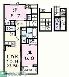 西武拝島線 拝島駅 徒歩5分の賃貸アパート 3階2LDKの間取り