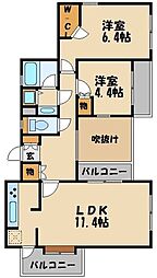 西武新宿線 東村山駅 徒歩6分の賃貸マンション 3階2LDKの間取り