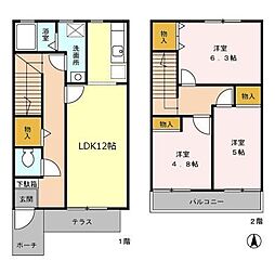JR中央線 国立駅 徒歩21分の賃貸テラスハウス 3LDKの間取り