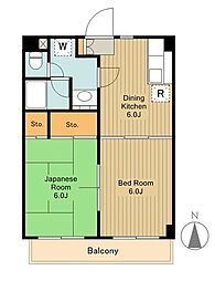 JR中央線 国分寺駅 徒歩12分の賃貸マンション 3階2DKの間取り