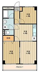 JR中央線 国立駅 徒歩17分の賃貸マンション 3階3DKの間取り
