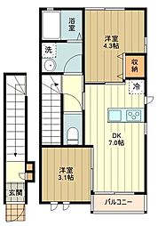 JR南武線 矢川駅 徒歩8分の賃貸アパート 2階2DKの間取り