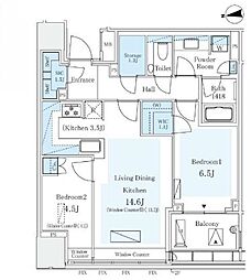 JR総武線 市ケ谷駅 徒歩11分の賃貸マンション 9階2LDKの間取り