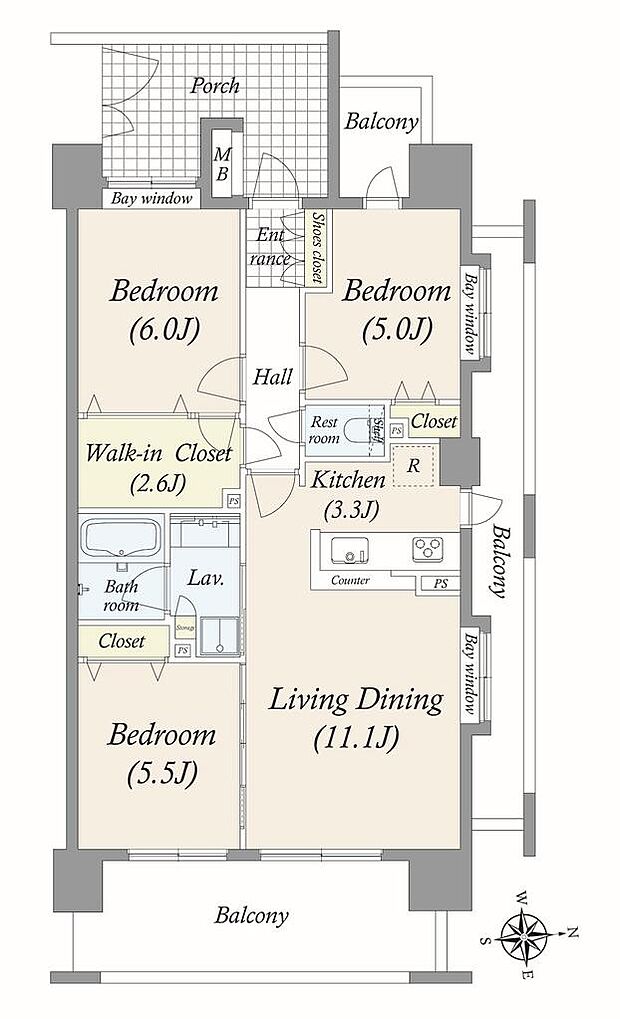高層階・角住戸ならではの開放感を感じられる住戸です。また、廊下部分の面積が少ないため、その分居室に広がりがあります。
