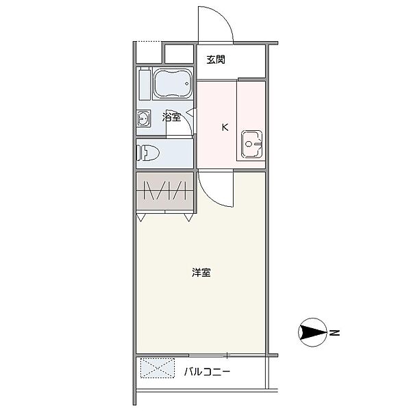 東向きバルコニーに面した「1K」の住まい。水回りが集約された効率のよい間取り設計です。洋室にはクローゼットが設置されています。
