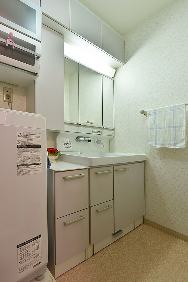 三面鏡裏収納付きの洗面化粧台。広々としたスペースで、身支度が可能です。