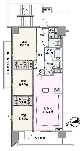 西向きのバルコニーが備わった3LDK。プライバシーを確保しやすい角住戸です。ウォークインクローゼットやシューズクロークなど、豊富な収納があり住空間を広々と使えます。