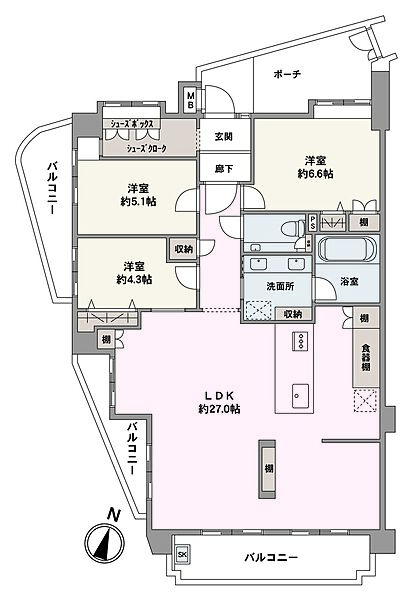 南東向き角住戸です。暮らしの中心となるLDKは、27帖の広々空間。SCなど室内随所に収納が備わっていて、居住空間を広く使えます。