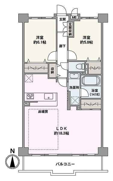 全居室と廊下に収納が備わっています。居住空間を広く使うことが可能です。調理や片付けをしながら、ご家族とコミュニケーションがとれる対面式キッチンが採用されています。
