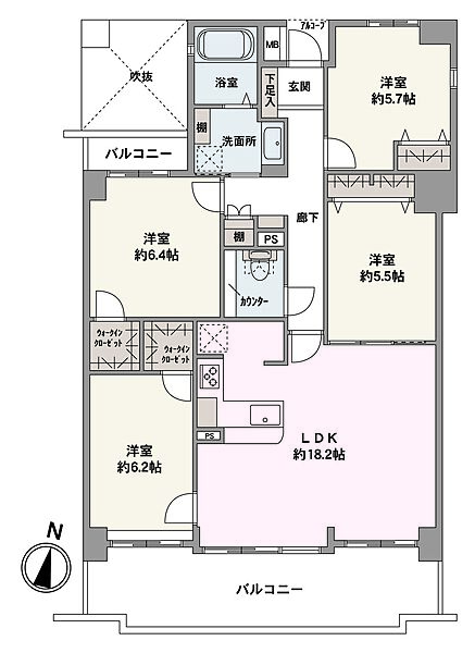 2つのWICが設けられた、収納豊富な4LDK。南東×北西向きの2面バルコニーで、心地よい陽光と風が入り込みます。キッチンは、ご家族とのコミュニケーションが深まる対面式です。