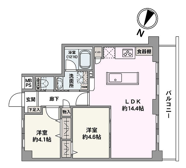 南西向き住戸です。暮らしの中心となるLDKは、14帖の広々空間。室内随所に収納が備わっていて、居住空間を広く使えます。