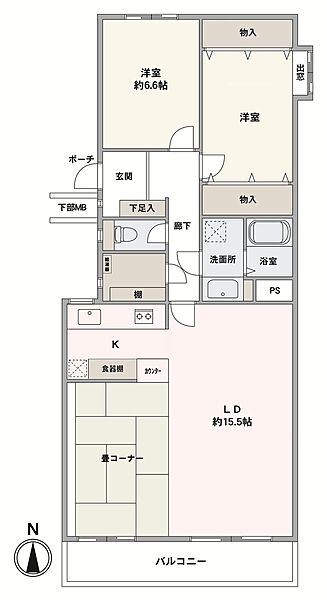 南向きバルコニーに面したゆとりある約15.5帖のリビングが魅力です。一角には畳スペースがあり、由比ガ浜を眺めながら足を伸ばして寛ぐことができます。