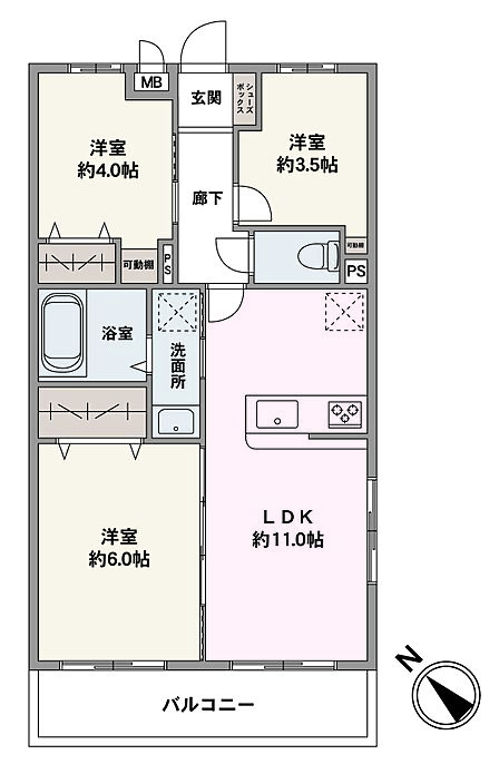 開放感があり、プライバシーを確保しやすい角部屋です。キッチン横から洗面所や浴室にアクセスできる間取りで、家事・生活動線良好。大切なペットとご入居可能です(制限有)。