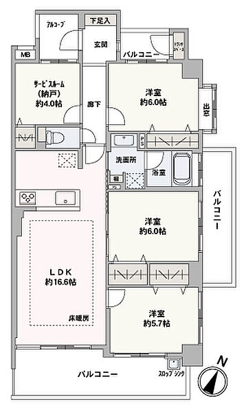3面バルコニーが備えられた、南東角住戸。開放感があり通風良好です。約4.0帖の納戸・トランクスペースなど、収納スペースが充実した住まいです。