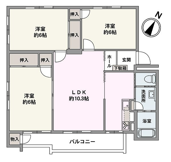 全居室6帖以上のゆとりある広さ。キッチンに洗面所などの水廻りが隣接しており、家事動線にも配慮されています。各洋室は押入れ付きで、住空間を有効活用可能です。